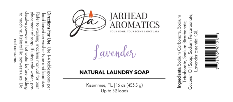 The Jarhead Aromatics Lavender Handmade Natural Laundry Soap label includes directions, ingredients, weight (16 oz/453.5 g), Kissimmee, FL location, barcode, and highlights its non-toxic powder formula for gentle laundry care.