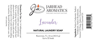 The Jarhead Aromatics Lavender Handmade Natural Laundry Soap label includes directions, ingredients, weight (16 oz/453.5 g), Kissimmee, FL location, barcode, and highlights its non-toxic powder formula for gentle laundry care.