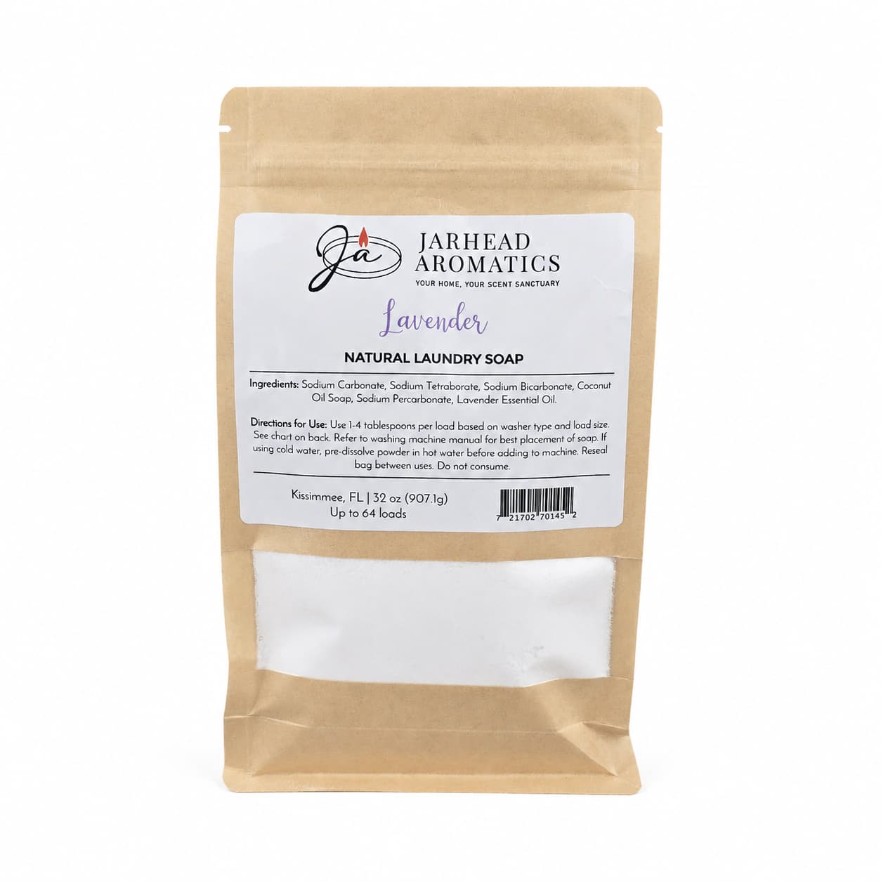 A 32 oz brown resealable bag of Jarhead Aromatics Lavender Handmade Natural Laundry Soap—a powdered detergent with lavender essential oil—features product details and directions on the front label for effective, gentle cleaning. The design includes white space at the bottom for a batch or weight sticker.