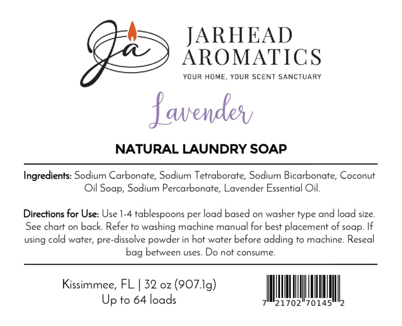 Jarhead Aromatics Lavender Handmade Natural Laundry Soap features a label with ingredients, directions, and usage details. This powdered detergent, made with lavender essential oil, has black and purple text on a white background, along with a flame logo and barcode at the bottom right. Ideal for anyone seeking a natural laundry soap infused with the calming scent of lavender.