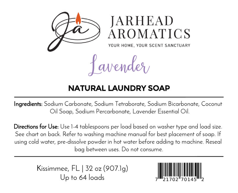 Jarhead Aromatics Lavender Handmade Natural Laundry Soap—non-toxic lavender detergent powder. 32 oz (up to 64 loads). Label lists ingredients, directions, barcode; highlights “Lavender.”.