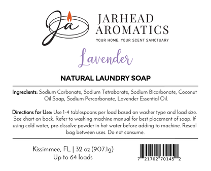 Jarhead Aromatics Lavender Handmade Natural Laundry Soap—non-toxic lavender detergent powder. 32 oz (up to 64 loads). Label lists ingredients, directions, barcode; highlights “Lavender.”.