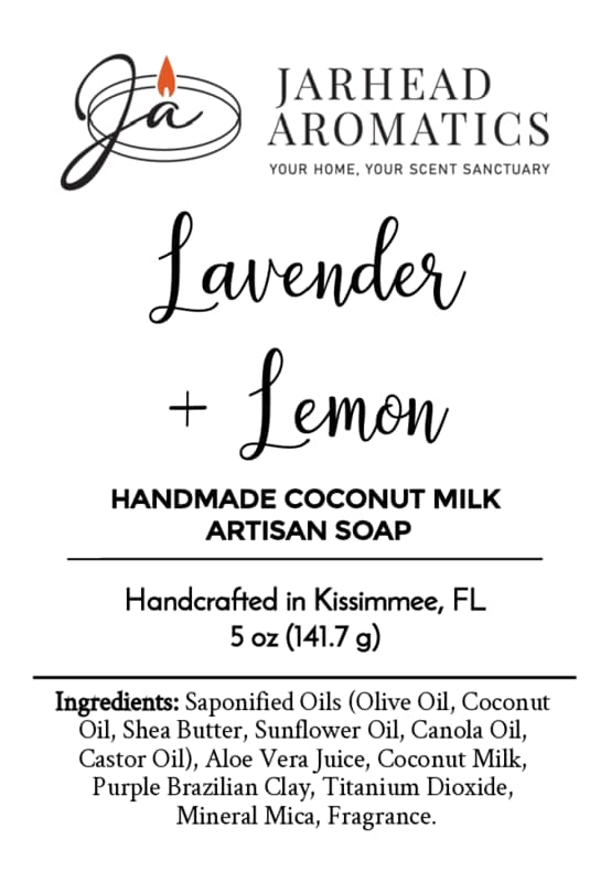 Label for Jarhead Aromatics Lavender + Lemon Handmade Coconut Milk Artisan Soap | Calming Lavender & Bright Lemon Soap, featuring ingredients, weight (5 oz), and origin (Kissimmee, FL). Black text on a white background with the Jarhead Aromatics logo at the top. This handmade coconut milk soap blends calming lavender and bright lemon fragrances to create a luxurious cleansing experience.