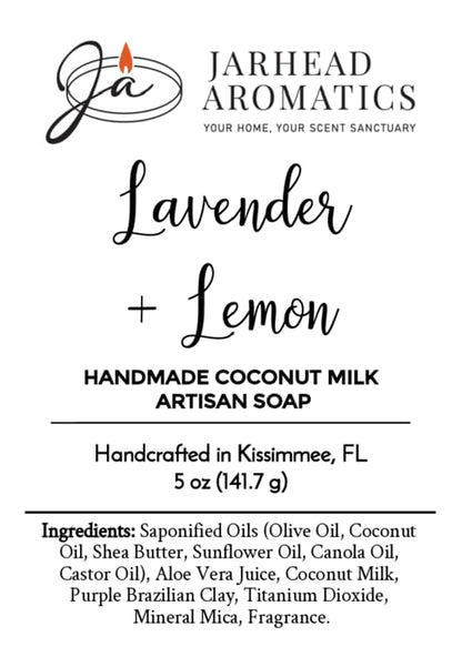Label for Jarhead Aromatics Lavender + Lemon Handmade Coconut Milk Artisan Soap | Calming Lavender & Bright Lemon Soap, featuring ingredients, weight (5 oz), and origin (Kissimmee, FL). Black text on a white background with the Jarhead Aromatics logo at the top. This handmade coconut milk soap blends calming lavender and bright lemon fragrances to create a luxurious cleansing experience.