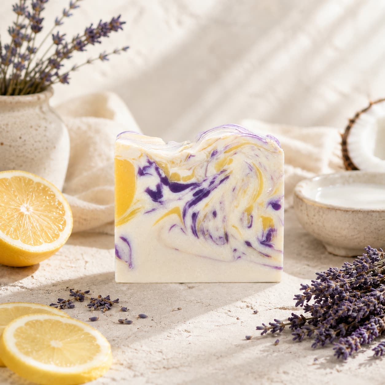 A bar of Jarhead Aromatics Lavender + Lemon Handmade Coconut Milk Artisan Soap, beautifully patterned in purple and yellow swirls, rests among lavender sprigs, lemon slices, a ceramic vase, and a bowl—all thoughtfully arranged on a light textured surface. Sunlight casts soft shadows behind this calming lavender and bright lemon artisan soap, handcrafted with care.