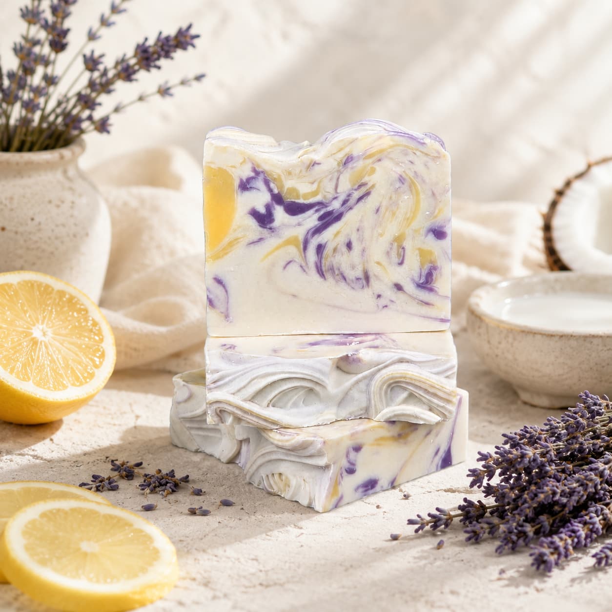 Two artisanal bars of Jarhead Aromatics Lavender + Lemon Handmade Coconut Milk Artisan Soap, marbled with purple and yellow swirls, rest on a light surface amid lavender sprigs, lemon halves, a bowl of liquid, and rustic pottery softly lit by natural light. Delight in the calming blend of lavender and bright lemon—handcrafted with nourishing coconut milk for an indulgent cleansing experience.