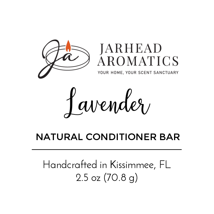 Jarhead Aromatics logo and text describing the Lavender Handmade Natural Conditioner Bar, crafted in Kissimmee, FL. This natural, lavender-infused conditioner bar weighs 2.5 oz (70.8 g).