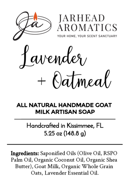 Label for Jarhead Aromatics’ Lavender + Oatmeal Handmade Artisan Soap—All Natural. Includes logo, product name, weight, location, and ingredients like nourishing oils, goat milk, oats & lavender essential oil—purely natural soap.