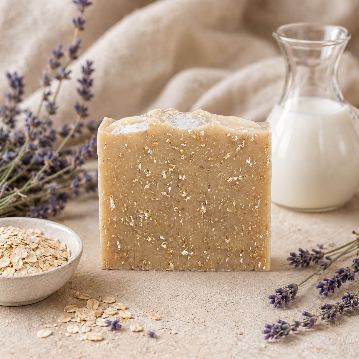 A bar of Jarhead Aromatics Lavender + Oatmeal Handmade Natural Goat Milk Artisan Soap stands upright on a table, surrounded by delicate lavender sprigs, a small bowl of oats, and a glass container of milk. A beige cloth in the background highlights this calming lavender and gentle oatmeal soap.