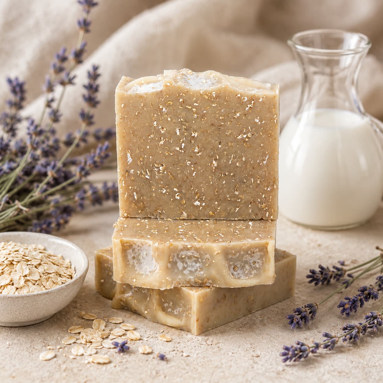 Two bars of Jarhead Aromatics’ Lavender + Oatmeal Handmade Natural Goat Milk Artisan Soap are stacked together, surrounded by oats, fresh sprigs of lavender, and a small glass jug of milk, all arranged on a beige surface with a soft fabric background.