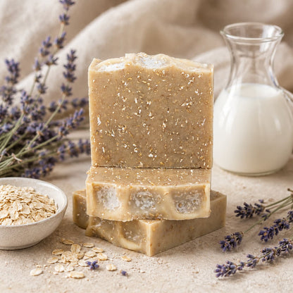 Two bars of Jarhead Aromatics’ Lavender + Oatmeal Handmade Natural Goat Milk Artisan Soap are stacked together, surrounded by oats, fresh sprigs of lavender, and a small glass jug of milk, all arranged on a beige surface with a soft fabric background.