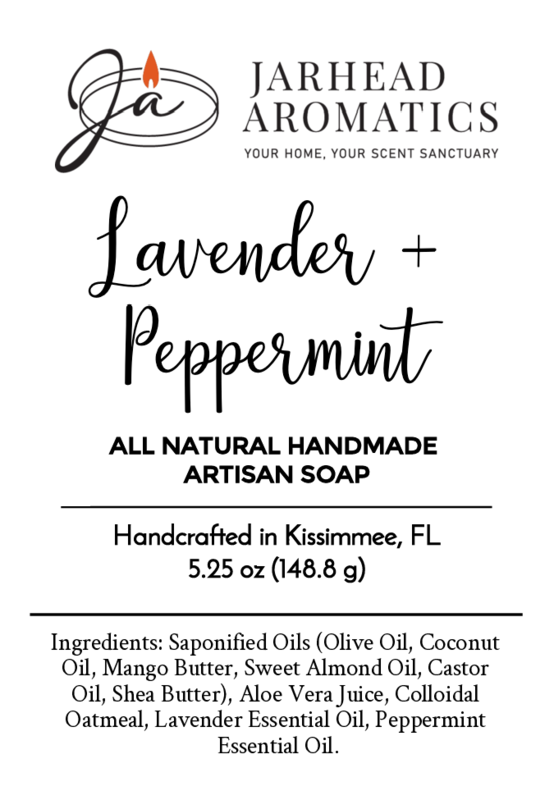 A product label for Jarhead Aromatics Lavender + Peppermint Handmade Artisan Soap - All Natural, listing ingredients, handcrafted in Kissimmee, FL, and displaying a soap weight of 5.25 oz (148.8 g).