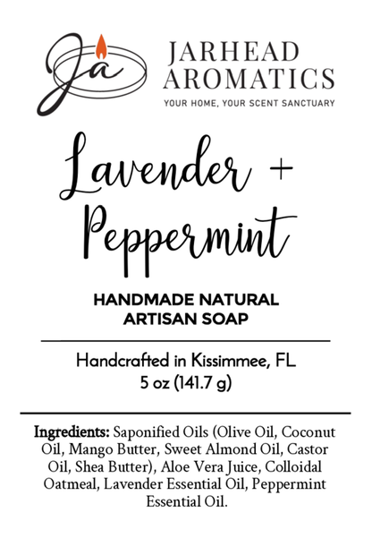 Label for Jarhead Aromatics Lavender + Peppermint Handmade Natural Artisan Soap. Includes ingredients, notes it's handcrafted in Kissimmee, FL, and lists net weight: 5 oz (141.7 g).