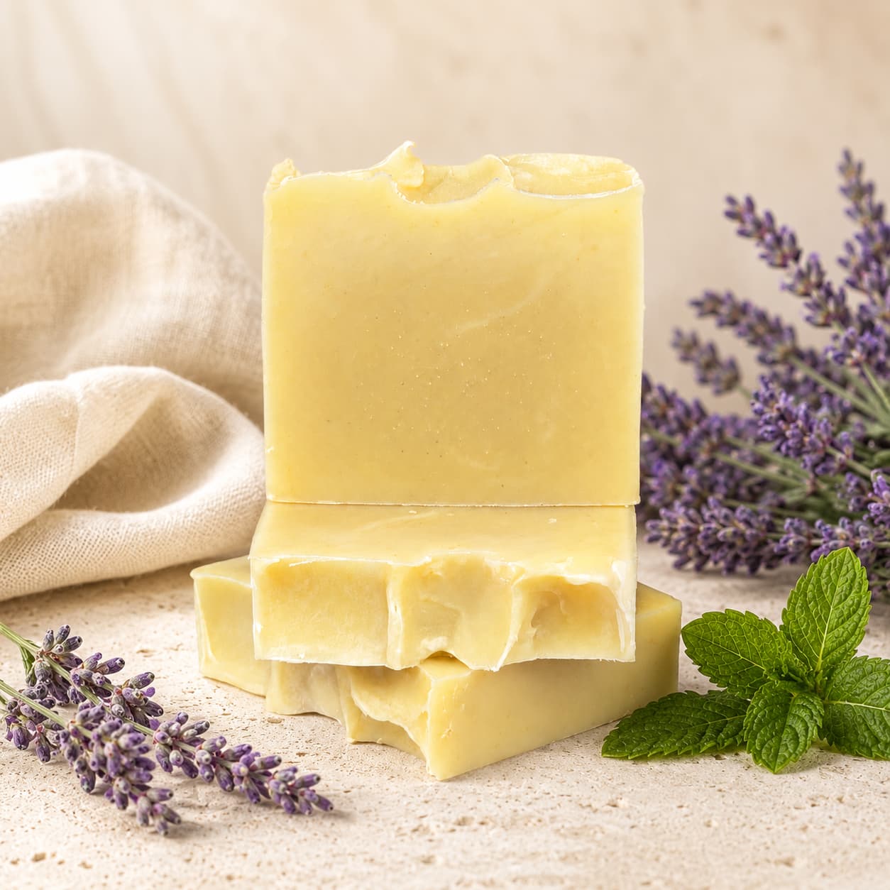 Three bars of Jarhead Aromatics’ Lavender + Peppermint Handmade Natural Artisan Soap are stacked on a light surface, surrounded by sprigs of lavender, a fresh mint leaf, and a beige cloth, set against a soft, neutral background.
