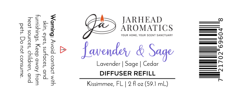 The Lavender & Sage Diffuser Refill by Jarhead Aromatics features lavender, sage, and sandalwood notes. Label includes calming home fragrance details, safety warnings, a barcode, 2 fl oz (59.1 mL), logo, and Kissimmee, FL location.