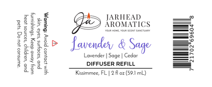 The Lavender & Sage Diffuser Refill by Jarhead Aromatics features lavender, sage, and sandalwood notes. Label includes calming home fragrance details, safety warnings, a barcode, 2 fl oz (59.1 mL), logo, and Kissimmee, FL location.