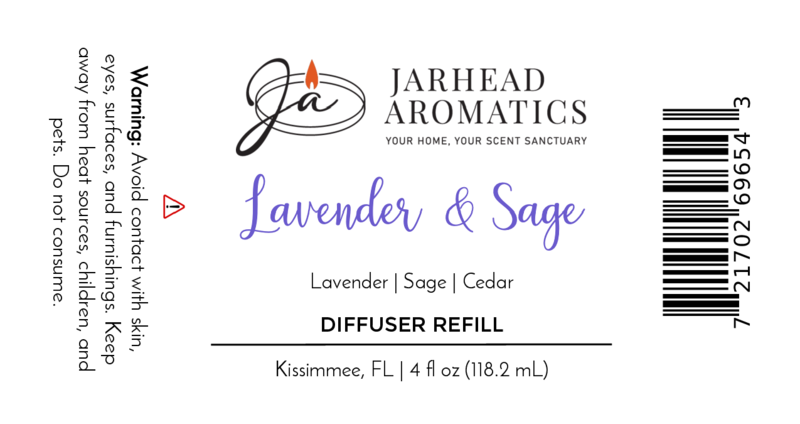 Label for Jarhead Aromatics Lavender & Sage Diffuser Refill: calming home fragrance oil with lavender, sage & sandalwood. Warning text left, barcode right. Ingredients: Lavender, Sage, Sandalwood. 4 fl oz (118.2 mL). Spa-inspired brand logo at top.