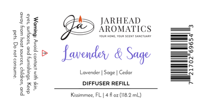 Label for Jarhead Aromatics Lavender & Sage Diffuser Refill: calming home fragrance oil with lavender, sage & sandalwood. Warning text left, barcode right. Ingredients: Lavender, Sage, Sandalwood. 4 fl oz (118.2 mL). Spa-inspired brand logo at top.