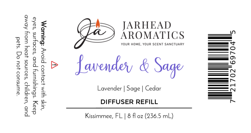 Jarhead Aromatics Lavender & Sage Diffuser Refill | Lavender, Sage & Sandalwood Home Fragrance Oil Refill. Calming, spa-inspired scent. Includes warning, barcode, Kissimmee FL location. 8 fl oz (236.5 mL).