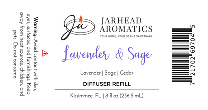 Jarhead Aromatics Lavender & Sage Diffuser Refill | Lavender, Sage & Sandalwood Home Fragrance Oil Refill. Calming, spa-inspired scent. Includes warning, barcode, Kissimmee FL location. 8 fl oz (236.5 mL).