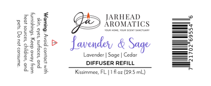 Label for Jarhead Aromatics Lavender & Sage Car Diffuser Refill | Herbal Spa & Sandalwood. Features lavender, sage, cedar scents; warning text; barcode; company info (Kissimmee, FL). Black, purple & orange accents. Enjoy calming fragrance.