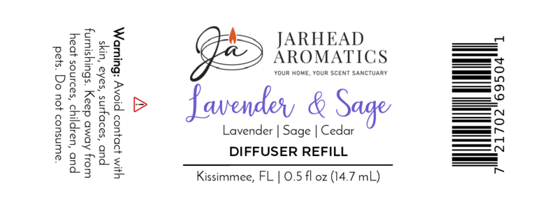 Jarhead Aromatics Lavender & Sage Cold Air Diffuser Refill—luxury herbal spa and sandalwood scent. Avoid skin/eye contact; keep from children/pets. For cold air diffusers. Barcode right, company info below.