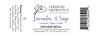 Jarhead Aromatics Lavender & Sage Cold Air Diffuser Refill—luxury herbal spa and sandalwood scent. Avoid skin/eye contact; keep from children/pets. For cold air diffusers. Barcode right, company info below.