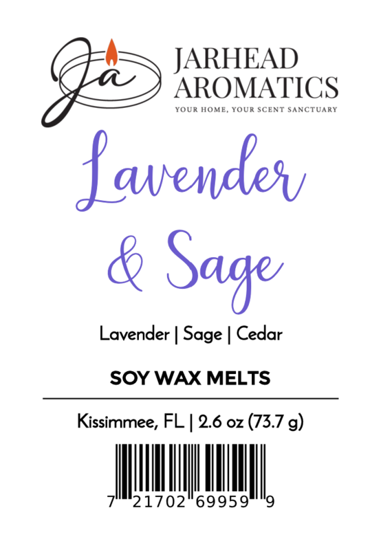 Label for Jarhead Aromatics Lavender & Sage Soy Wax Melt | Herbal Lavender Spa Scented Wax Melts, with a blend of lavender, sage, and cedar. Features logo, barcode, 2.6 oz/73.7 g weight, Kissimmee FL—ideal for relaxation.