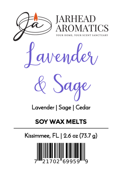 Label for Jarhead Aromatics Lavender & Sage Soy Wax Melt | Herbal Lavender Spa Scented Wax Melts, with a blend of lavender, sage, and cedar. Features logo, barcode, 2.6 oz/73.7 g weight, Kissimmee FL—ideal for relaxation.