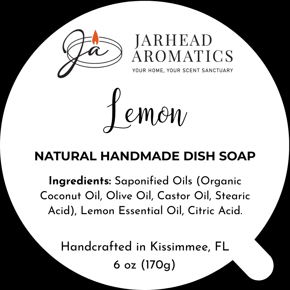 Round label for Jarhead Aromatics Lemon Handmade Natural Solid Dish Soap. Ingredients include essential oils and citric acid. Handcrafted in Kissimmee, FL. Net wt 6 oz (170g). Eco-friendly black & white design.