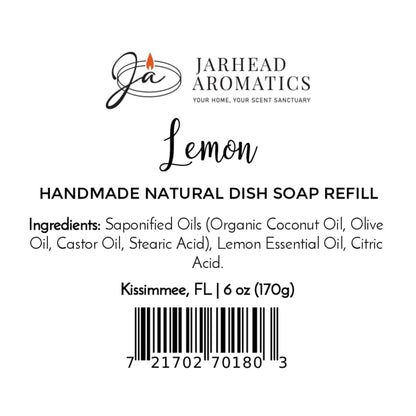 Jarhead Aromatics Lemon Handmade Natural Solid Dish Soap | Citrus Kitchen Cleaning Bar with Lemon Essential Oil label featuring ingredients, a barcode, and company location in Kissimmee, FL. This plant-based solid dish soap bar showcases lemon essential oil and organic oils for an eco-friendly clean.