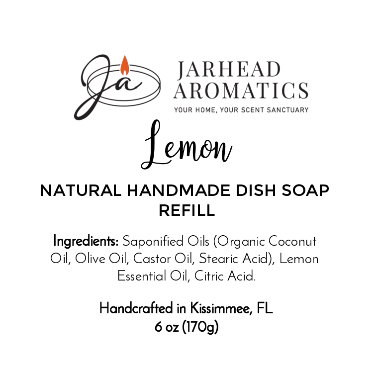 Label for Jarhead Aromatics Lemon Handmade Natural Solid Dish Soap: lists ingredients, weight (6 oz/170g), handcrafted in Kissimmee, FL. Features logo with candle and flame above brand name. Plastic-free solid dish soap refill.