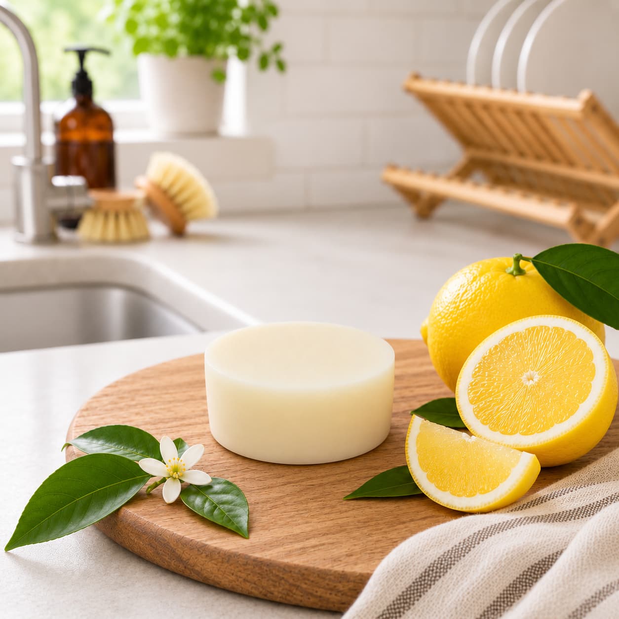 A bar of Lemon Handmade Natural Solid Dish Soap by Jarhead Aromatics rests on a wooden board, surrounded by whole and sliced lemons with green leaves and a white flower in a sunlit kitchen. In the background, a dish rack, brush, and soap dispenser can be seen.