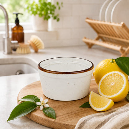 A white ceramic bowl sits on a wooden board next to whole and sliced lemons with green leaves in a bright kitchen, showcasing our Jarhead Aromatics Lemon Handmade Natural Solid Dish Soap, a citrus kitchen cleaning bar made with lemon essential oil.