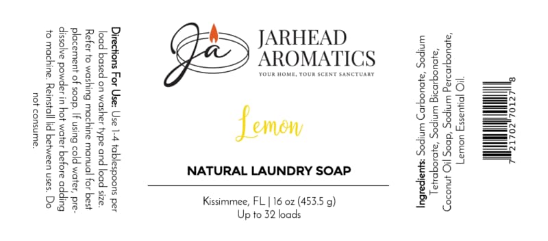 White label for Jarhead Aromatics Lemon Handmade Natural Laundry Soap | Powdered Detergent with Lemon Essential Oil. This handmade powdered detergent is crafted with natural laundry soap and infused with pure lemon essential oil for a fresh, clean experience. Includes directions, ingredients, barcode, and the text: “Kissimmee, FL 16 oz (453.5 g) Up to 32 loads.” Logo and lemon graphic are displayed.