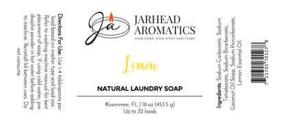 Label for Jarhead Aromatics Lemon Handmade Natural Laundry Soap, a non-toxic citrus detergent powder. The white label features black/yellow text, a decorative logo at top left, plus directions, ingredients, barcode, and company info.