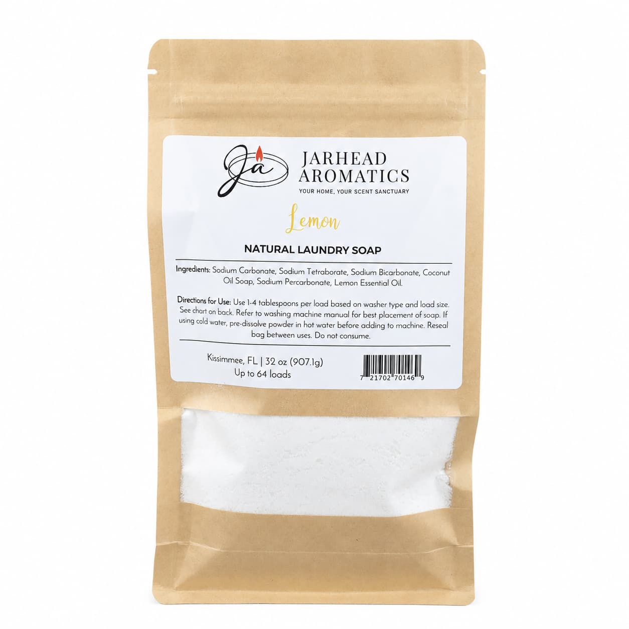 A brown resealable bag of Jarhead Aromatics Lemon Handmade Natural Laundry Soap | Powdered Detergent with Lemon Essential Oil, featuring a white label with ingredient list and directions, and visible white handmade detergent powder inside the clear window at the bottom.