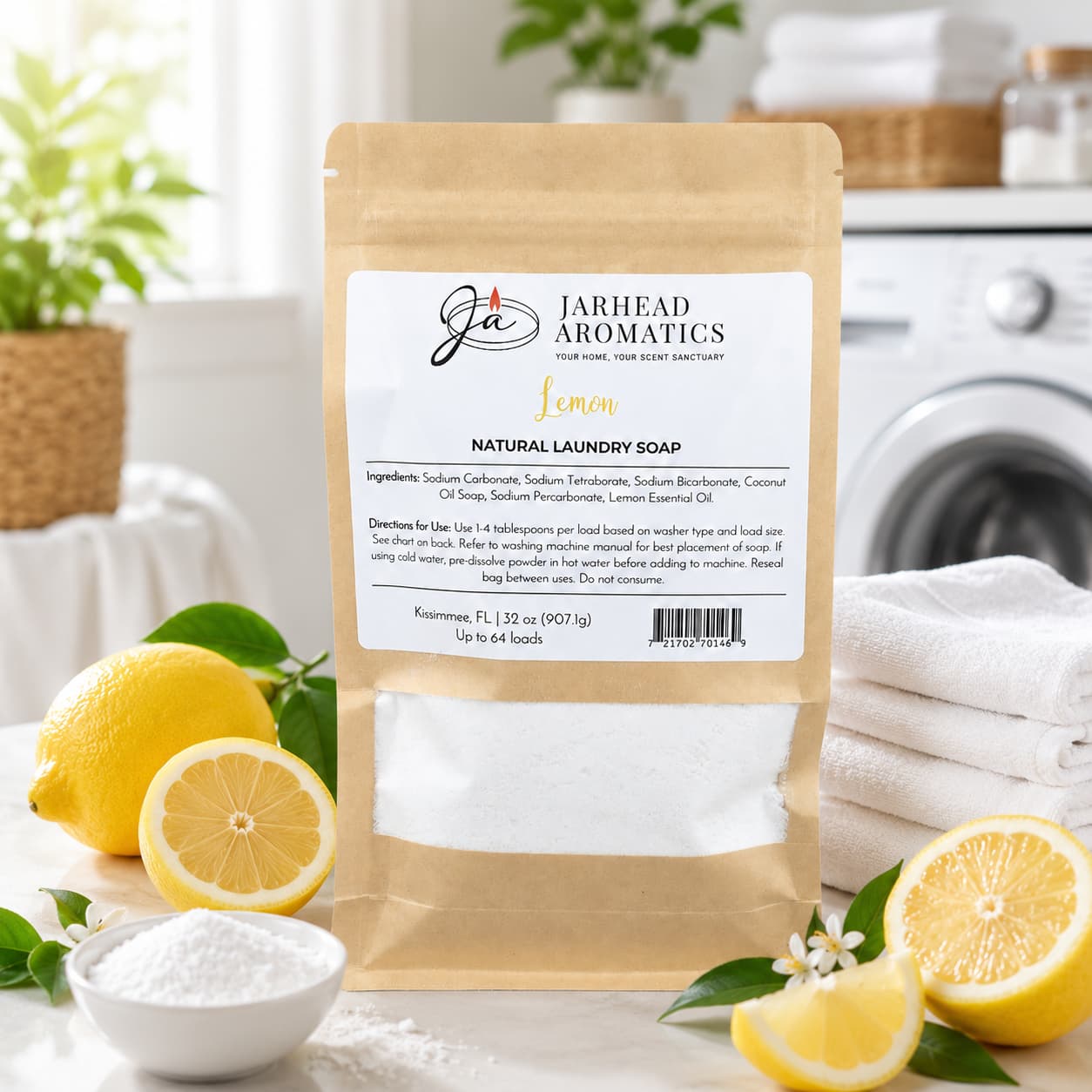 A brown paper bag labeled "Lemon Handmade Natural Laundry Soap | Powdered Detergent with Lemon Essential Oil" from Jarhead Aromatics sits on a table alongside fresh lemons, a towel, and a scoop of powder in a bright, airy room.