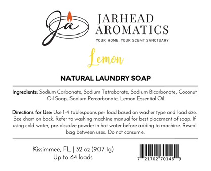 Jarhead Aromatics Lemon Handmade Natural Laundry Soap (Non-Toxic Citrus Laundry Detergent Powder), 32 oz/64 loads. Bold black/yellow label lists ingredients, directions, barcode, Kissimmee FL location.