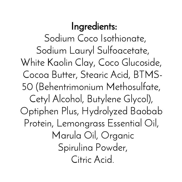 Ingredients for Jarhead Aromatics Lemongrass Handmade Shampoo & Conditioner Bar are listed in black on white: Sodium Coco Isethionate, Kaolin Clay, Cocoa Butter, BTMS-50, Baobab Protein, Lemongrass Oil, Marula Oil, Spirulina Powder, Citric Acid. Zero-waste hair care.