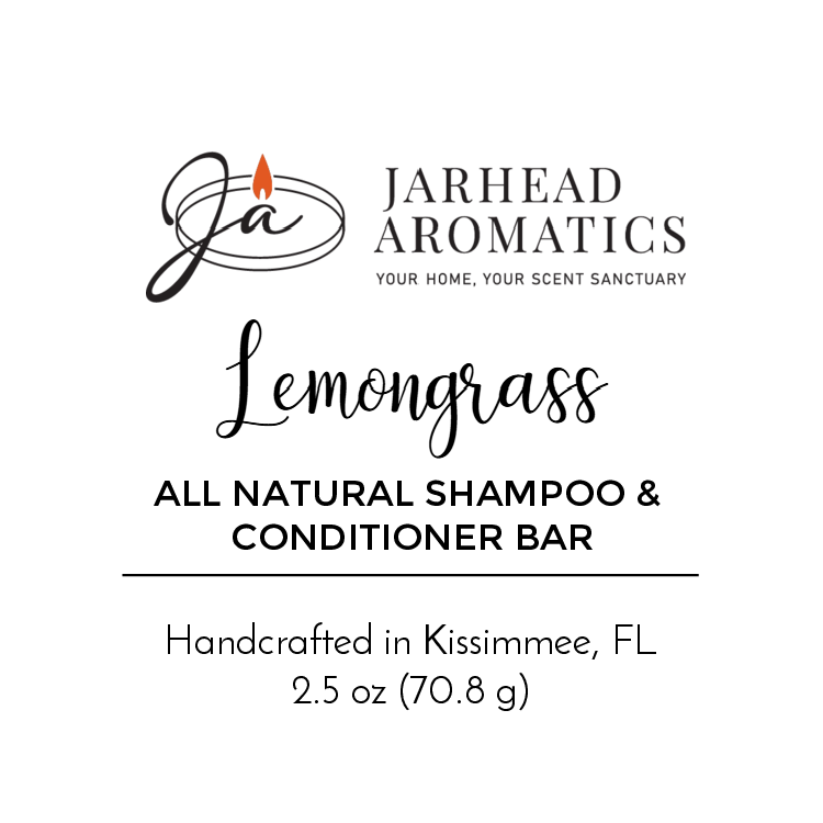 Jarhead Aromatics Lemongrass Handmade Shampoo & Conditioner Bar - All Natural, handmade in Kissimmee, FL. This zero-waste 2.5 oz (70.8 g) bar features decorative text and a candle logo on the label.