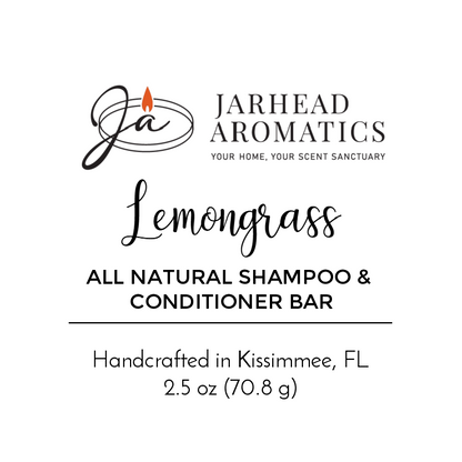 Jarhead Aromatics Lemongrass Handmade Shampoo & Conditioner Bar - All Natural, handmade in Kissimmee, FL. This zero-waste 2.5 oz (70.8 g) bar features decorative text and a candle logo on the label.