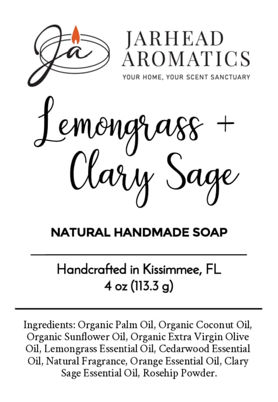 Product label for Jarhead Aromatics Lemongrass + Clary Sage Natural Handmade Soap, detailing the ingredients, origin, and net weight of the natural bar soap.