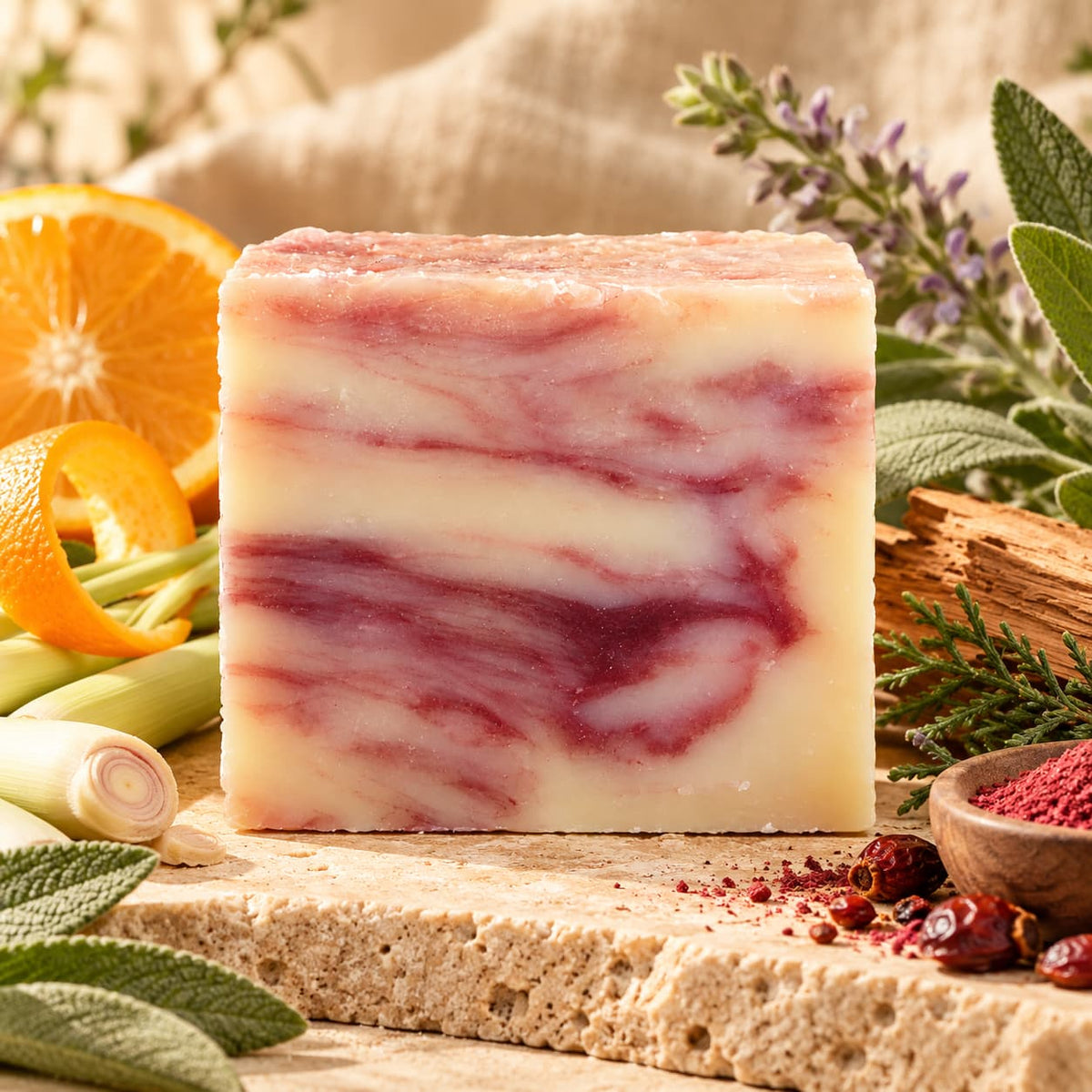 A rectangular bar of Jarhead Aromatics Lemongrass + Clary Sage Natural Handmade Soap with purple swirls, surrounded by fresh lemongrass, orange slices, and sage leaves.