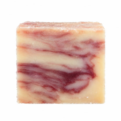 Square bar of Jarhead Aromatics Lemongrass + Clary Sage Natural Handmade Soap with cream and marbled reddish-purple swirls.