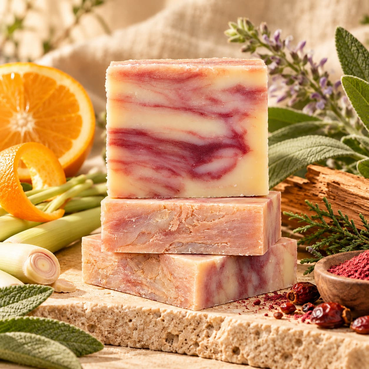 A stack of three bars of marbled, pink-and-white Lemongrass + Clary Sage Natural Handmade Soap | Citrus & Herbal Bar Soap by Jarhead Aromatics, surrounded by orange slices, sage, and berries on a stone surface.