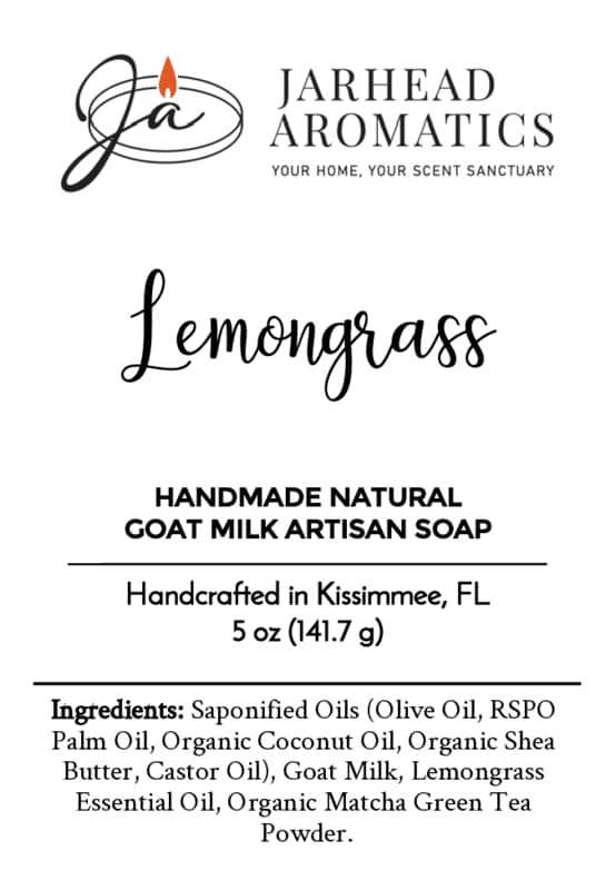 Jarhead Aromatics Lemongrass Handmade Natural Goat Milk Artisan Soap features a bright citrus-herbal scent and is crafted in Kissimmee, FL using nourishing olive oil, coconut oil, fresh goat milk, lemongrass essential oil, and antioxidant-rich matcha.