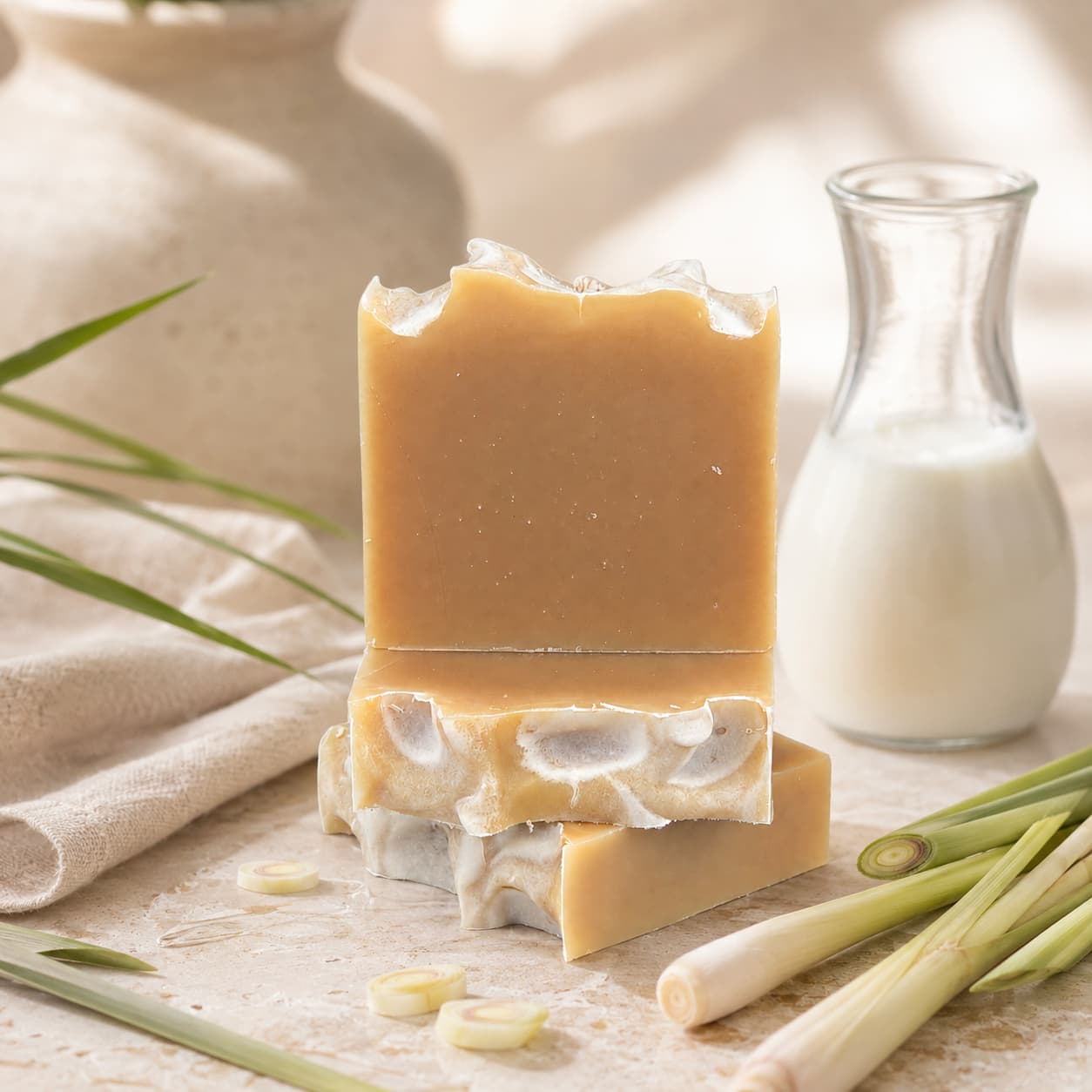 Two bars of Jarhead Aromatics Lemongrass Handmade Natural Goat Milk Artisan Soap are stacked on a marble surface, surrounded by fresh lemongrass, a beige towel, and a glass jar of milk. Soft natural light highlights the artisanal quality and bright citrus-herbal fragrance of these soothing goat milk soaps.