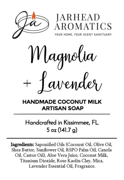 Jarhead Aromatics Magnolia + Lavender Handmade Coconut Milk Artisan Soap | Soft Magnolia & Calming Lavender, 5 oz—Handcrafted in Kissimmee, FL. Ingredients and company logo included, along with scent and product details. Experience the gentle touch of soft magnolia and calming lavender blended into every bar.