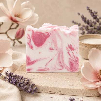 A bar of Jarhead Aromatics Magnolia + Lavender Handmade Coconut Milk Artisan Soap, with its pink and white marbled design, rests on a stone slab surrounded by lavender sprigs and pale pink flowers, creating a soft, elegant spa-like atmosphere.